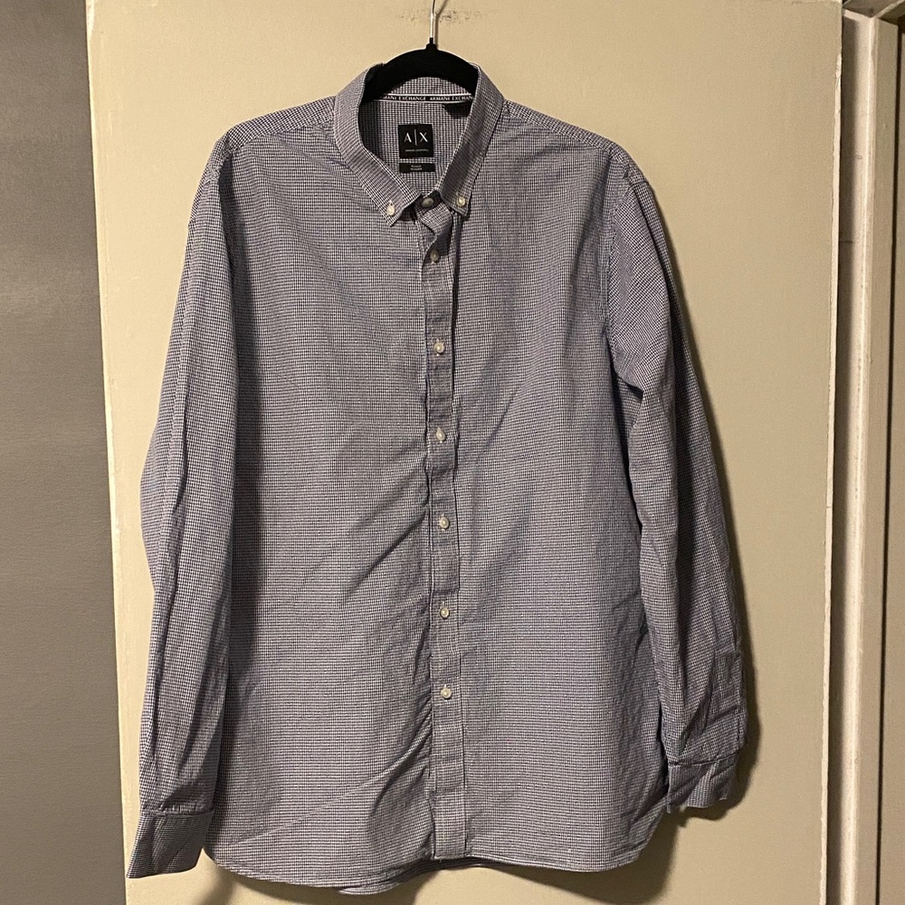 Armani Exchange Men's Blue and White Button-Down Shirt